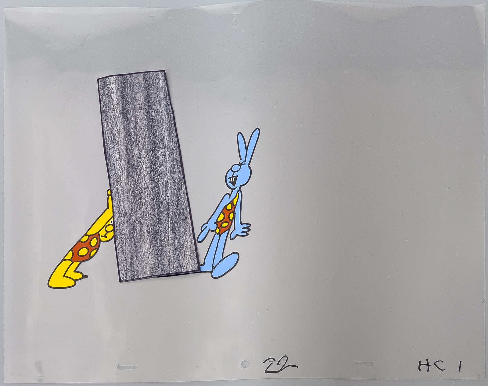 Henry's Cat & Chris Rabbit as cave men - Original Animation Art
